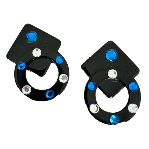 Vintage Jewelry - VINTAGE 80s Black Enamel and Blue and White Rhinestone Geometric Earrings
